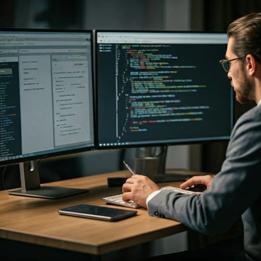 Developer auditing website code on multiple monitors with high contrast